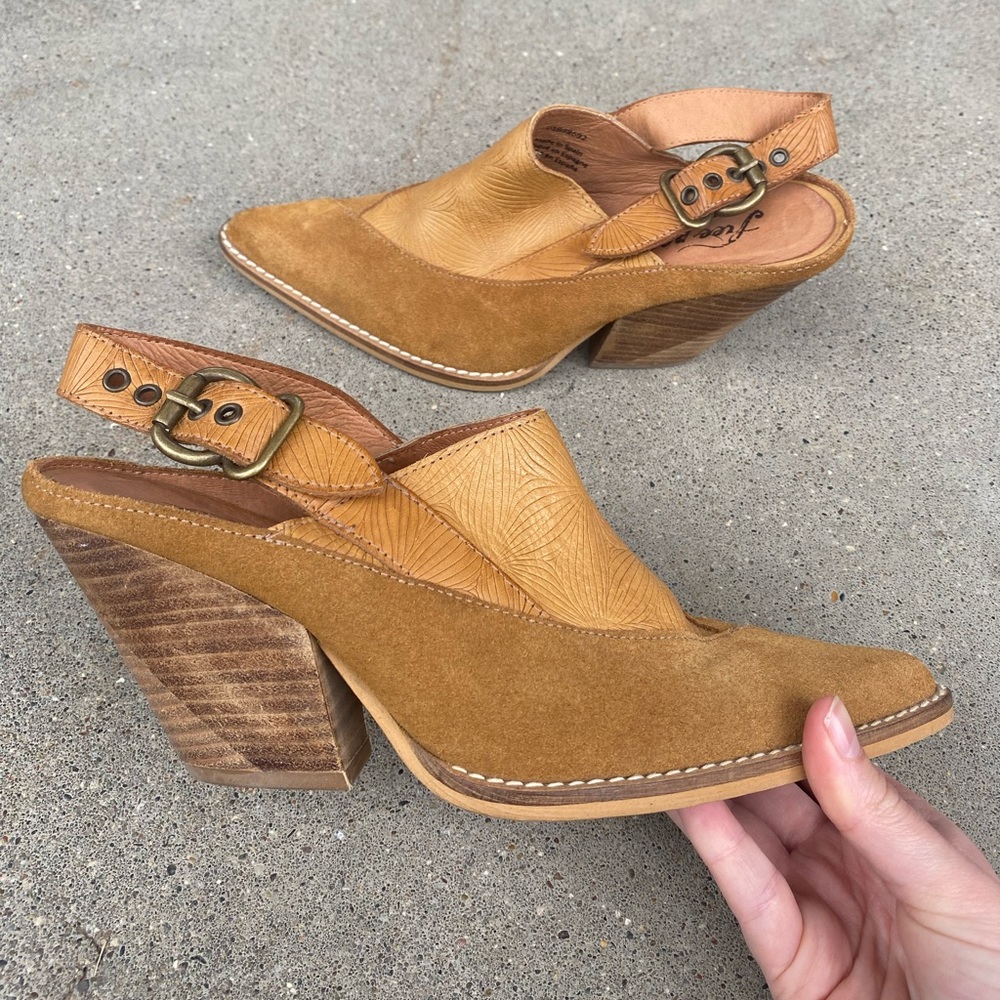 Free People Tan & Mustard Suede Slingback Clogs